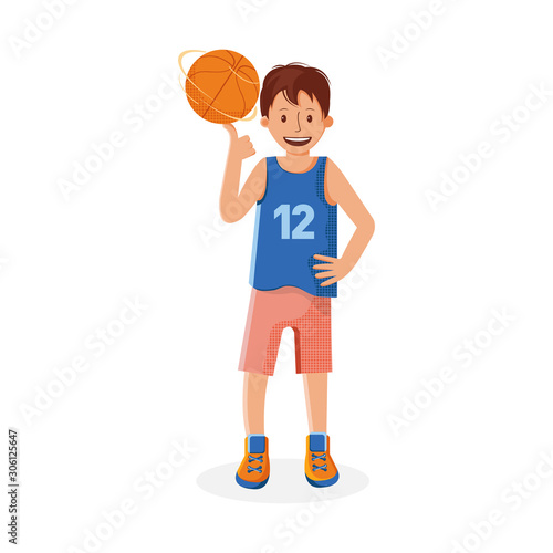 Boy basketball player with the ball. Small child plays basketball. Colorful cartoon illustration in flat vector. Children's sport. Sports team games. Healthy Lifestyle.