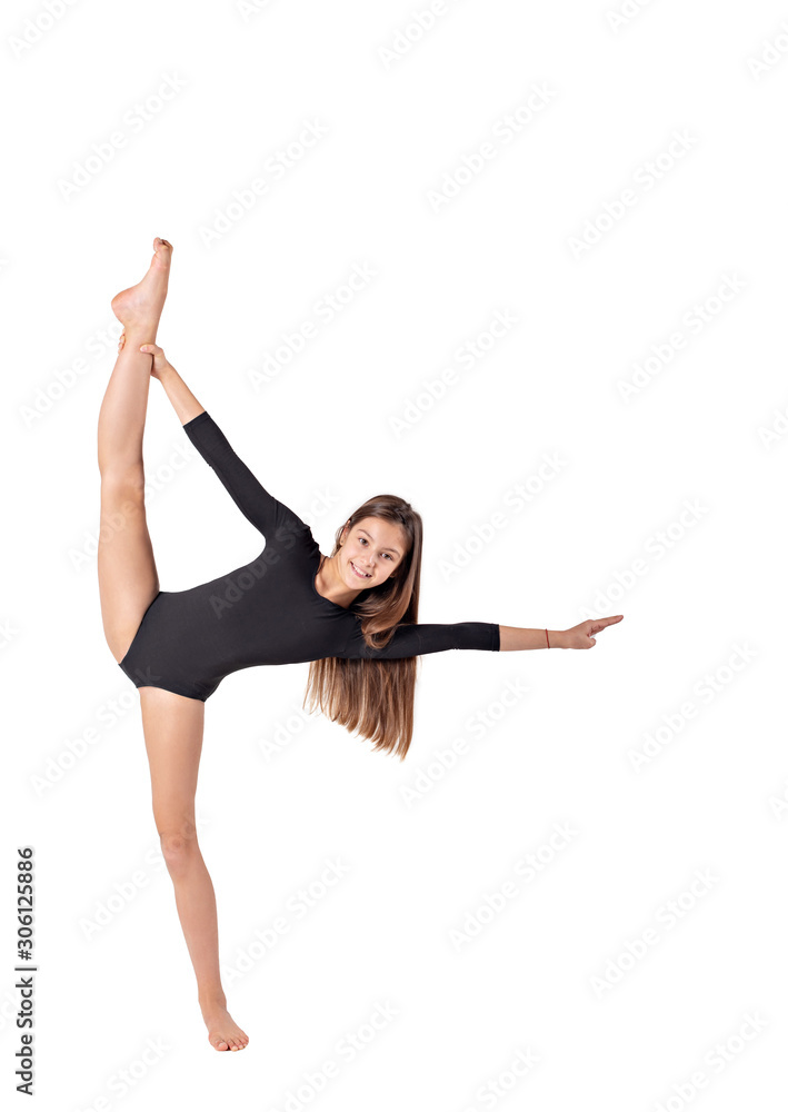 girl gymnast trains on white background. children's professional sports. rhythmic gymnastics. 