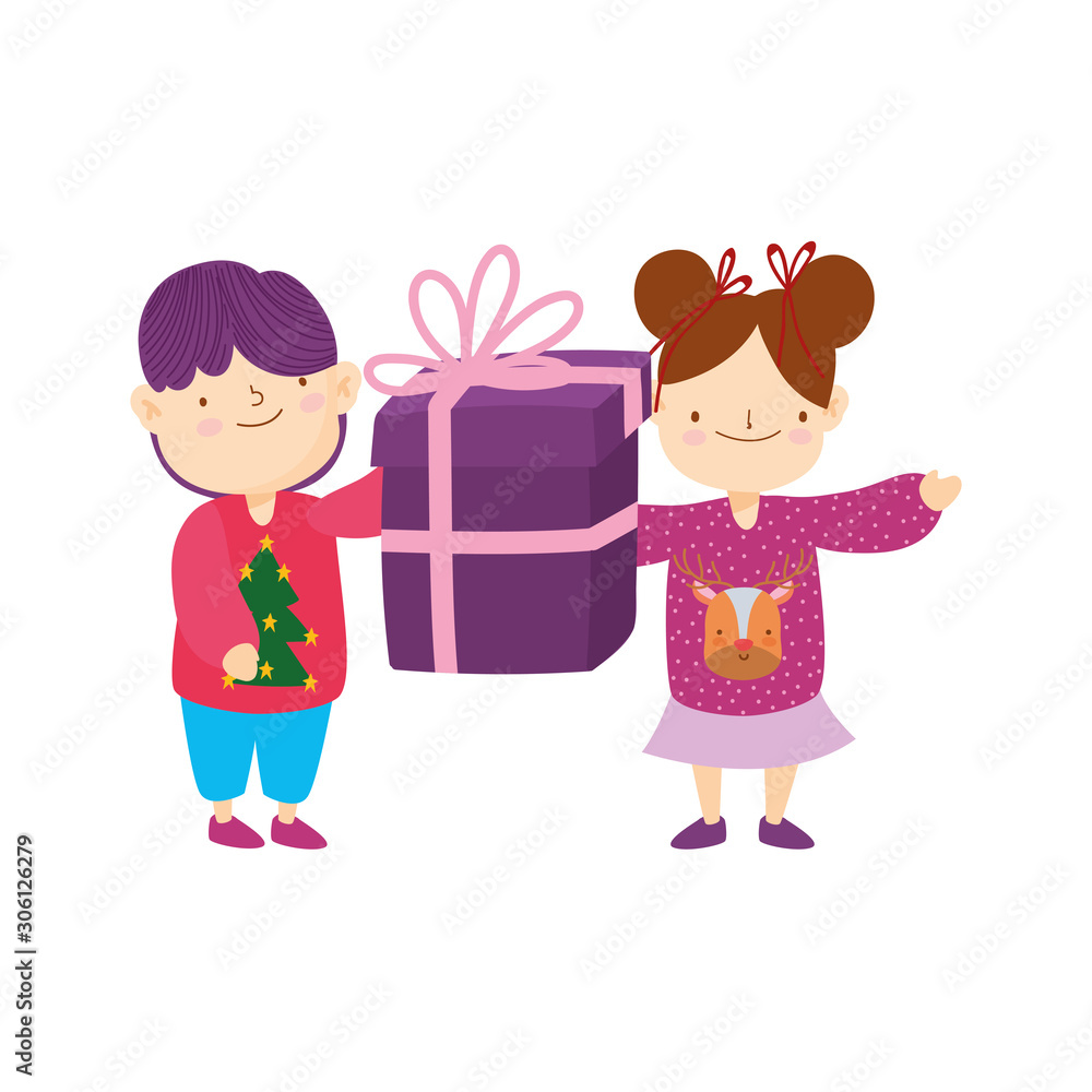 merry christmas little boy girl with sweater and gift box merry christmas little boy girl with sweater and gift box