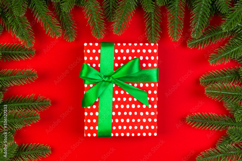Top view of fir tree branches and gift box on colorful background. Christmas time concept with empty space for your design Top view of fir tree branches and gift box on colorful background. Christmas time concept with empty space for your design