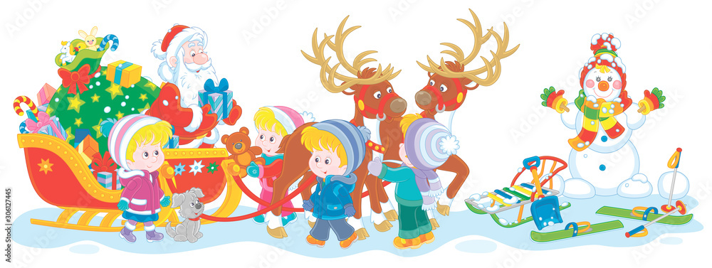 Festively decorated sleigh with magic reindeers of Santa Claus giving Christmas presents to happy and merry small children, vector cartoon illustration