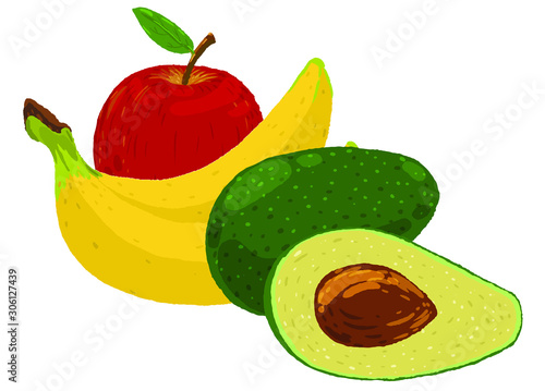 Apple, banana, avocado on white background. Winter fruits vector illustration.