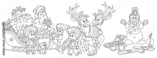 Festively decorated sleigh with magic reindeers of Santa Claus giving Christmas presents to happy and merry small children, black and white vector cartoon illustration for a coloring book page