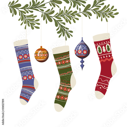 Merry christmas socks and spheres vector design