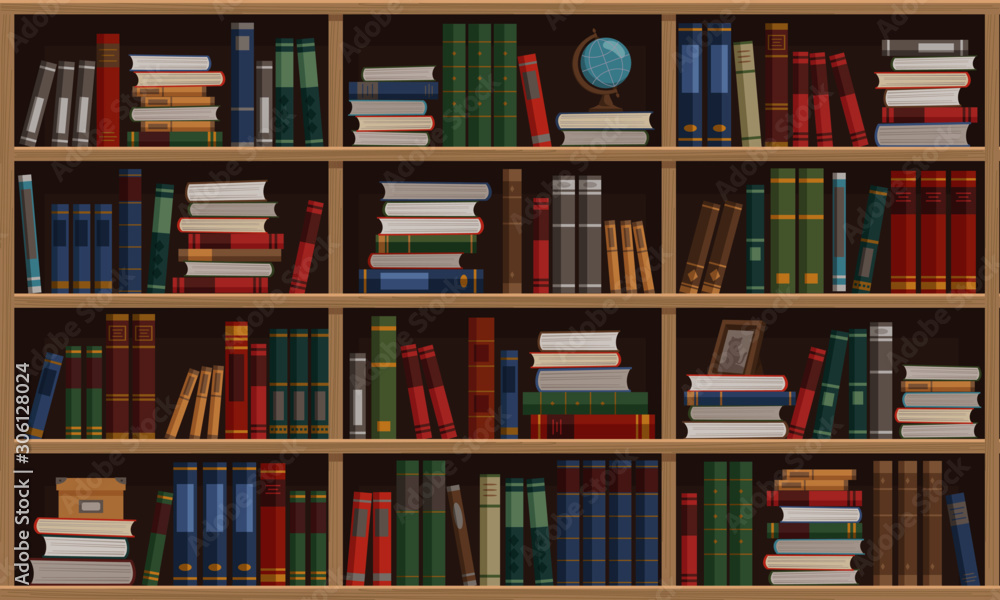 本が並んでいる木製の本棚のベクターイラストレーション。図書館、書店、学校のイメージ。 本が並んでいる木製の本棚のベクターイラストレーション。図書館、書店、学校のイメージ。