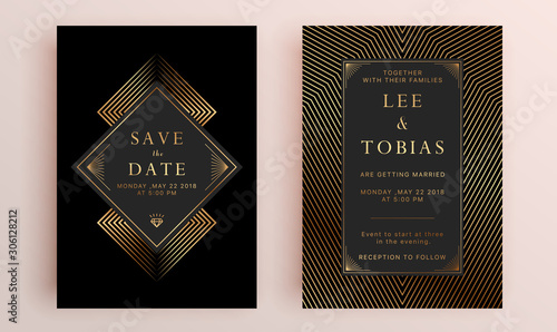 Beautiful set of wedding card templates. Gold collection of geometrical polyhedron, art deco style for wedding invitation, luxury templates, decorative patterns.