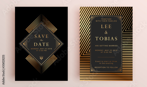 Beautiful set of wedding card templates. Gold collection of geometrical polyhedron, art deco style for wedding invitation, luxury templates, decorative patterns.