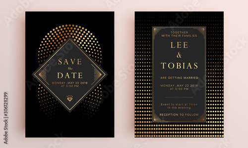 Beautiful set of wedding card templates. Gold collection of geometrical polyhedron, art deco style for wedding invitation, luxury templates, decorative patterns.
