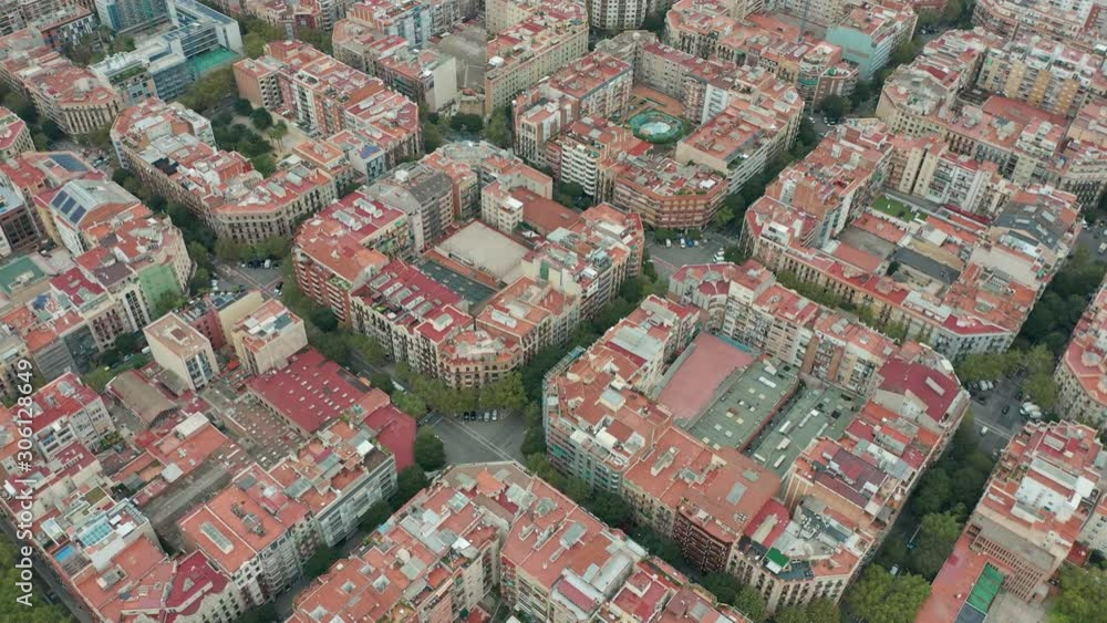 Aerial view. Typical square quarters of Barcelona. Aerial view. Typical square quarters of Barcelona.