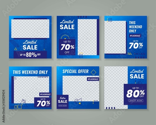 Social media post templates. For personal and business accounts. Blue geometric wireframe background instagram post template.