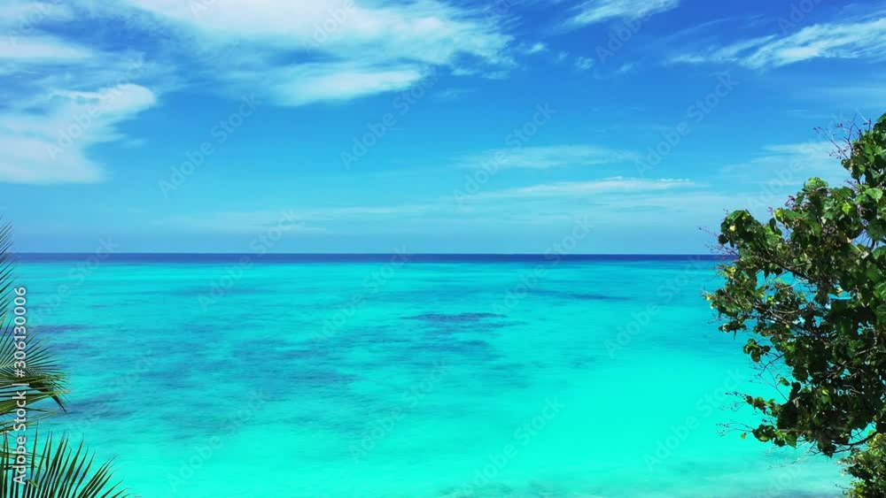Bright tropical seascape with light blue sky and static clouds hanging over blue ocean horizon line and turquoise lagoon, seen through green leaves of vegetation in Antigua Bright tropical seascape with light blue sky and static clouds hanging over blue ocean horizon line and turquoise lagoon, seen through green leaves of vegetation in Antigua