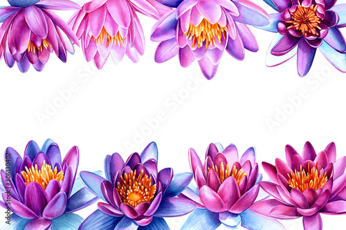 watercolor lotus flowers on an isolated white background, hand drawing, greeting card with place for text © Hanna