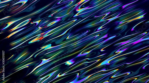 Abstract 3d animation with moving glass waves and with rainbow reflection on the black background. Bright colors, modern trendy design. 4k loop video.