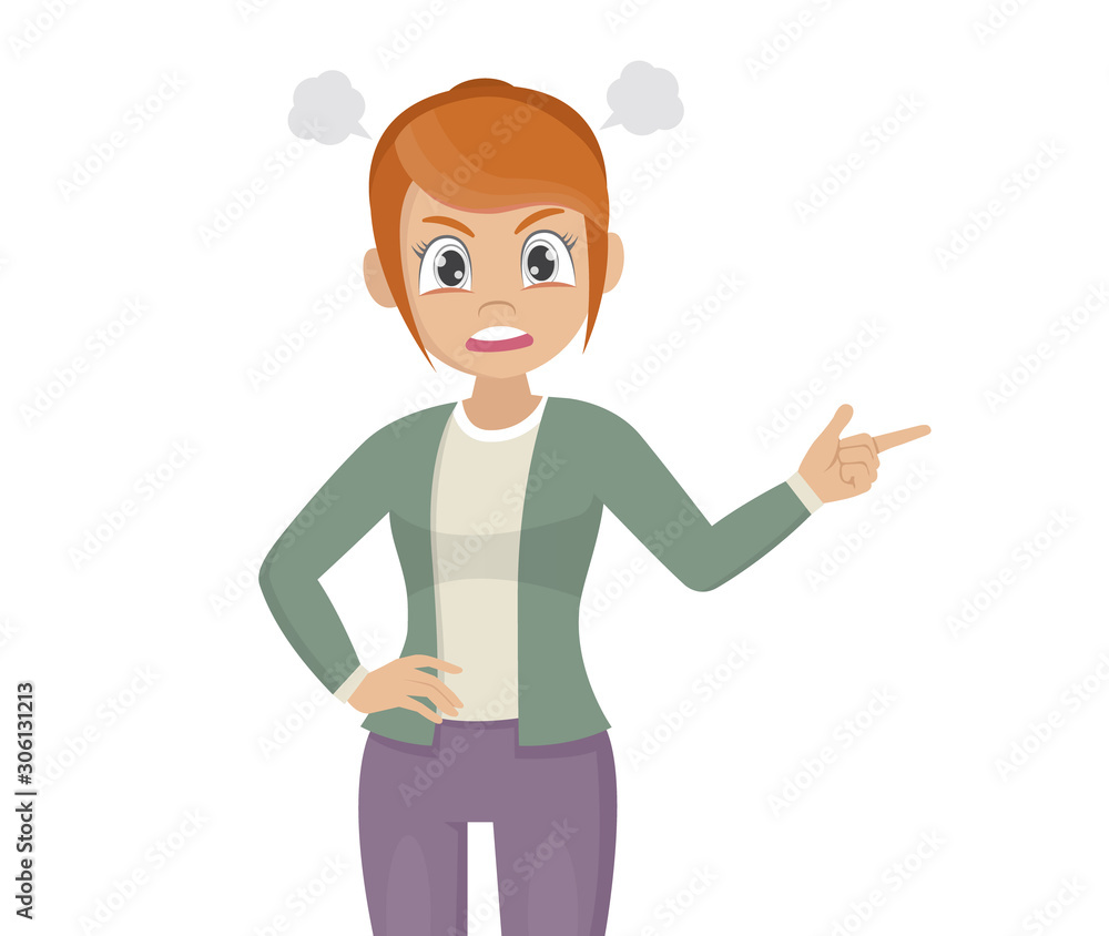 woman in a bad mood is shouting and pointing her finger.