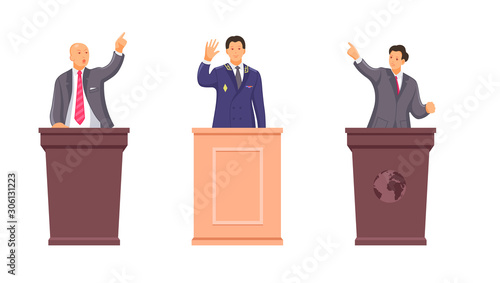 Public speaker, military chief, orator speak from rostrum. Public speaking businessman, leader, ceo director. Performance, presentation, conference,congress politicians cartoon vector illustration