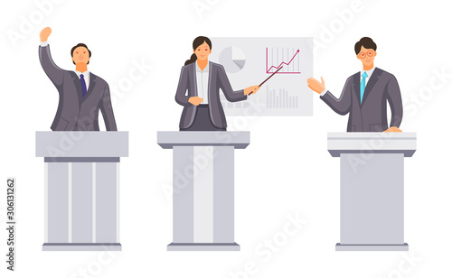 Public speaker, financial specialists, orator speak from rostrum.