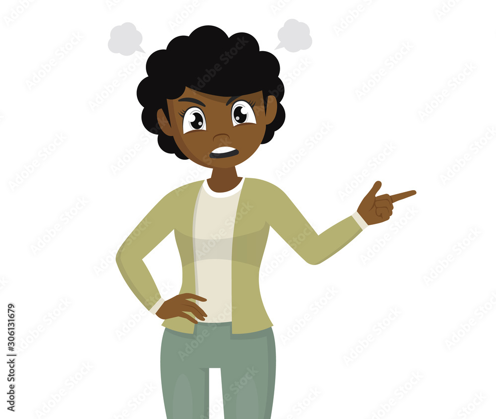 African woman in a bad mood is shouting and pointing her finger.