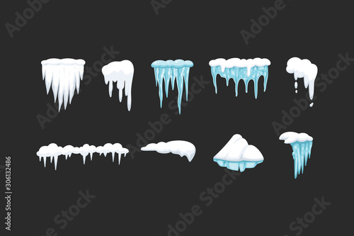 Vector set of icicles in cartoon style. Snow and ice vector frames, snowcap and snowdrift.