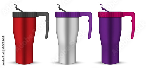 Travel thermal mug set isolated on white background. Metal thermos with handle and flip lid. Color steel insulated reusable tumbler coffee cup. Vector template. Easy to recolor