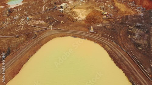 Gold mining. Flushing rocks using dredges. View from above. Environmental pollution
