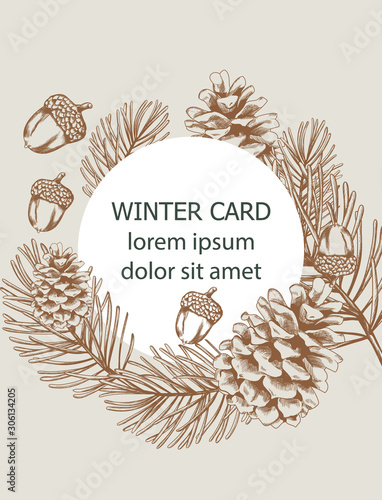 Christmas wreath pine cones, fir branch line art style composition with ornam...