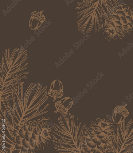 Christmas fir branch line art style composition with ornaments
