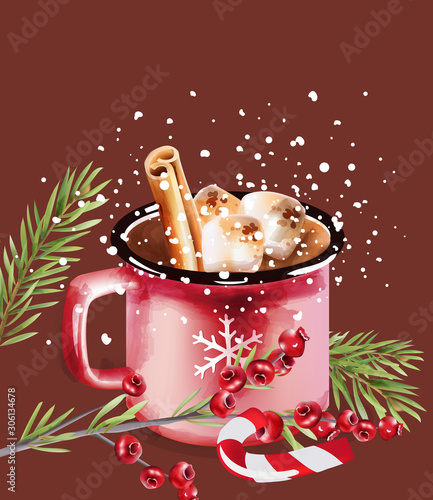 Christmas coffee cup with candy and holiday decorations