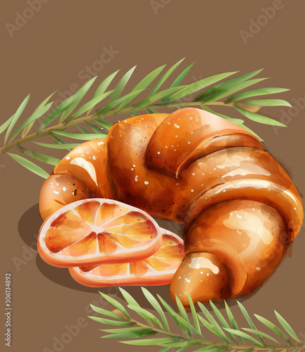 Croissant with orange slices and fir branches Vectors