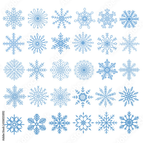 Flat snowflakes. Winter snowflake crystals, christmas snow shapes and frosted cool blue icon, cold xmas season frost snowfall decoration. Vector isolated symbol set