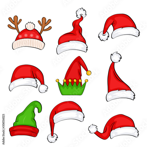 Christmas holiday hat. Funny elf, snow reindeer and Santa Claus hats wearing for noel sign. Elves fur cap clothes, decoration xmas costume cartoon isolated vector icon set