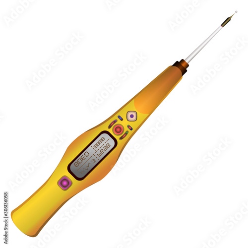 A device like an electrician's screwdriver, voltage detector. Yellow color. Vector illustration. Isolated on white background.