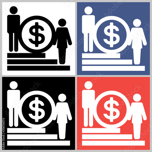 Equal pay act. Image of a man and a woman standings at different heights on a rung and a financial sign.