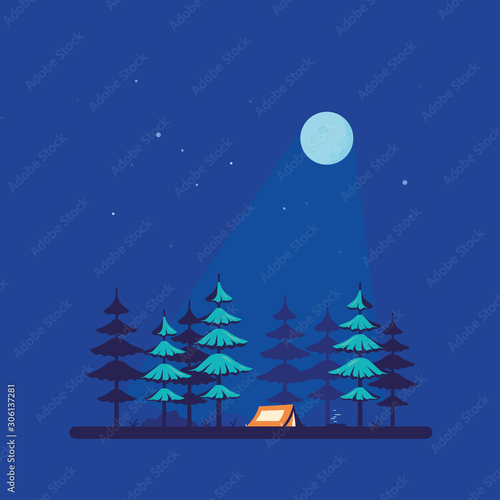Camping tent in the forest, flat style design Camping tent in the forest, flat style design