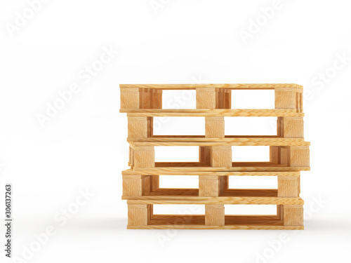 Stack of wooden empty pallets isolated on white background. 3D illustration.