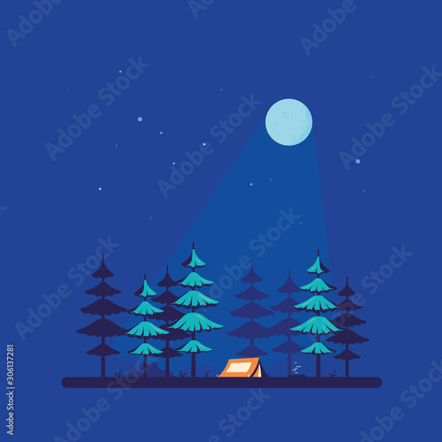 Camping tent in the forest, flat style design