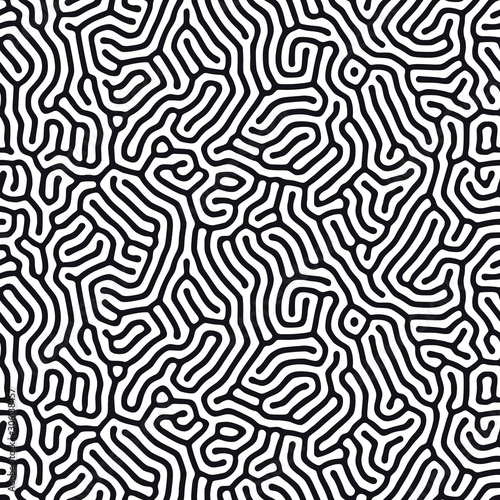 Organic background with rounded lines. Diffusion reaction seamless pattern. Linear design with biological shapes. Abstract vector illustration in black and white. Maze effect.
