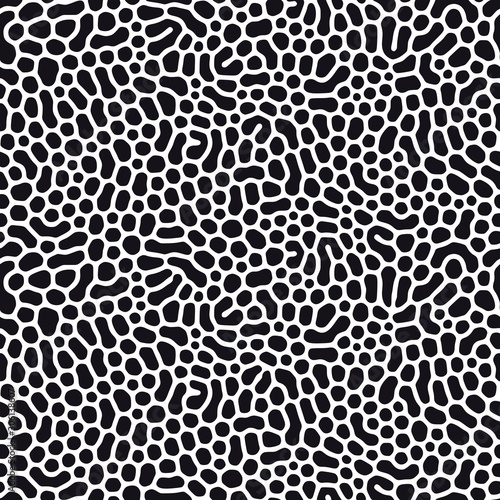 Organic seamless pattern with rounded shapes. Diffusion reaction background. Irregular stone effect design. Abstract vector illustration in black and white.