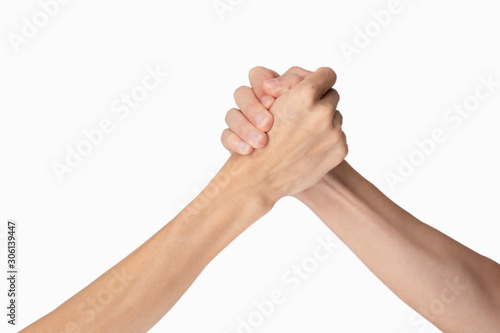 hand holding together on white background