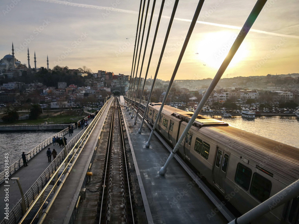 Fototapeta premium railway bridge at sunset in Istanbul Turkey