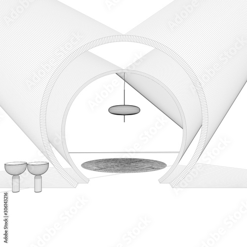 Blueprint project draft  classic metaphysics interior design  lobby  hall with round carpet and copper pendant lamp  abstract empty space  archway  architecture concept project idea