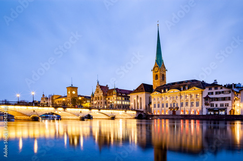 scenic view of historic Zurich city center with famous Fraumunster and Grossmunster Churches and river Limmat at Lake Zurich  Canton of Zurich  Switzerland