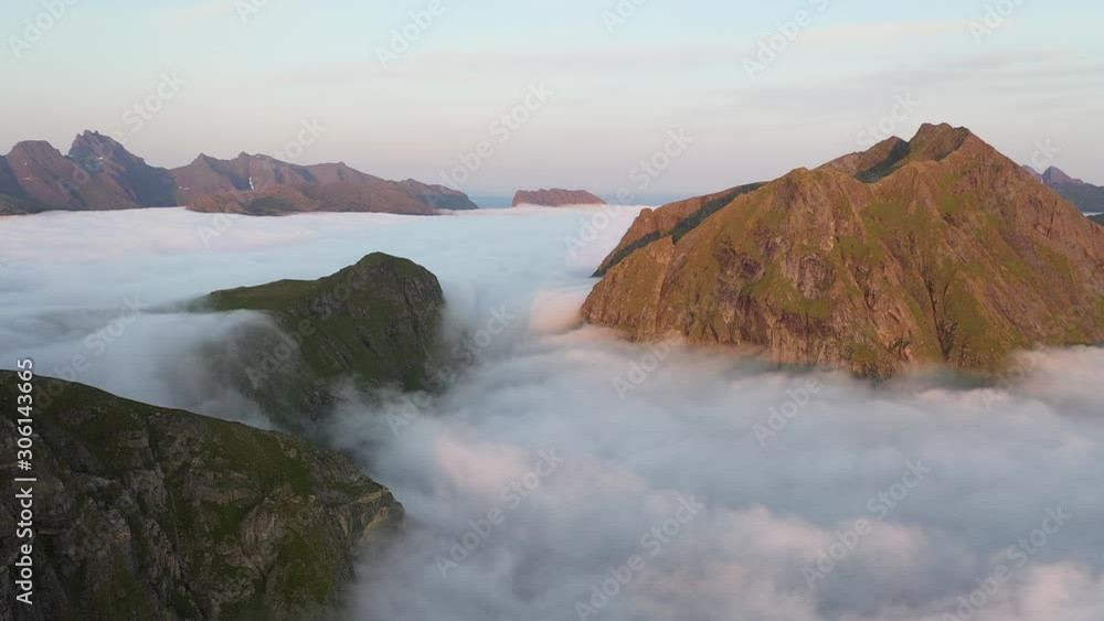 Beautiful mountain scenery during midnight sunset with epic clouds in Lofoten, Norway Beautiful mountain scenery during midnight sunset with epic clouds in Lofoten, Norway