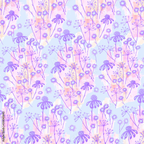 Abstract flowers and leaves repeat seamless pattern. Watercolor and digital hand drawn pattern. mixed technique for textile design and design