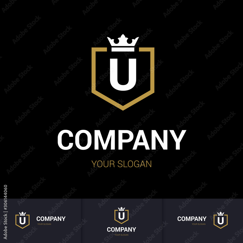 Illustration of Shield Badge-Shape with letter U in the Middle and Luxury Crown. Logo Icon Template for Web and Business Card, Letter Logo Template on Black Background