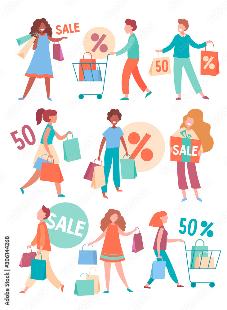 Collection of people with Shopping Bags and Carts. Big sale, up to 50 Discount, Advertising Banner, promo Poster. Vector illustration.