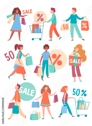 Collection of people with Shopping Bags and Carts. Big sale, up to 50 Discount, Advertising Banner, promo Poster. Vector illustration.