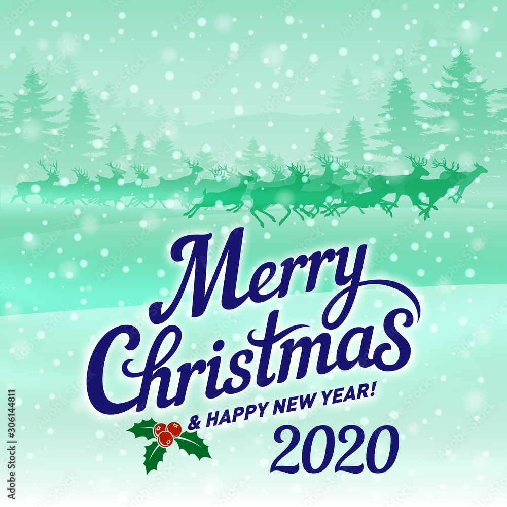 Christmas Greeting Card with Running Deers Against the Winter Foggy Forest. Festive Background with Text Merry Christmas and Happy New Year