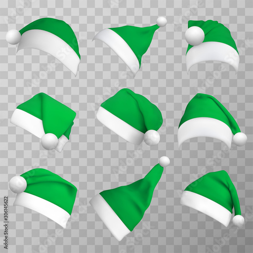 Green christmas hats realistic vector illustrations set