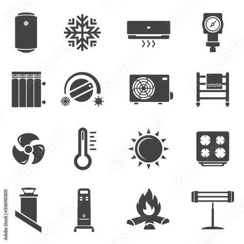 Heating system black glyph vector icons set