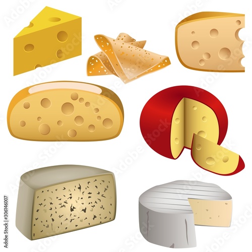 Vector cheese types icon set. Popular kind of cheese vector Illustrations